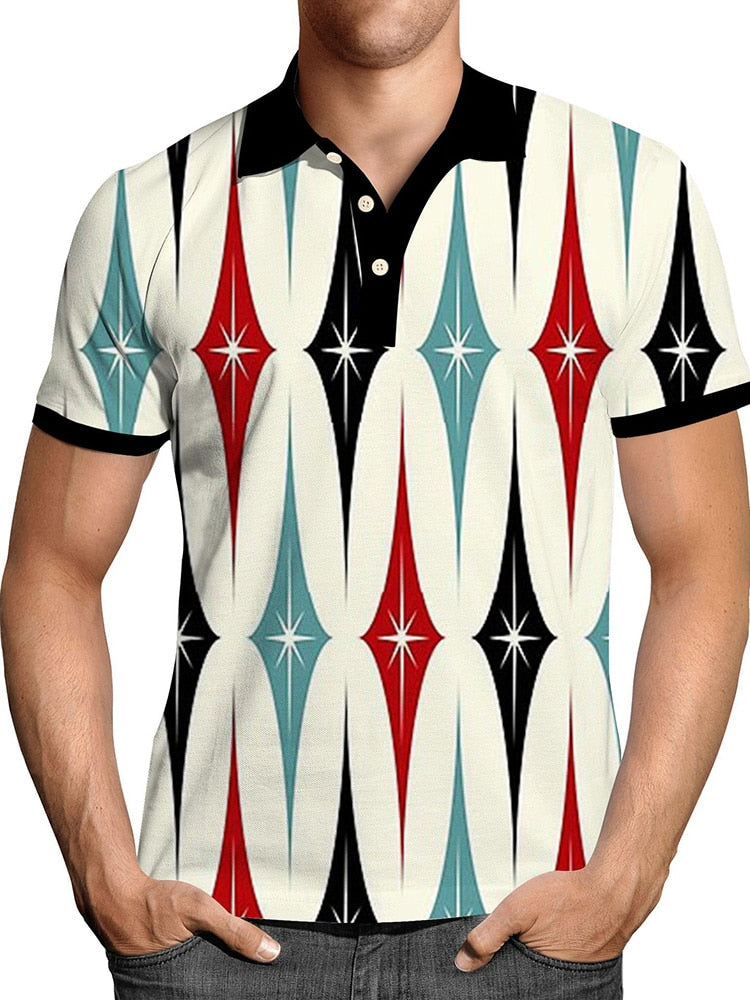 Pullover Tops Mens Fashion Turn-down Collar Button-up Polos Vintage Print Polo Shirt Men Summer Short Sleeve Casual shirts