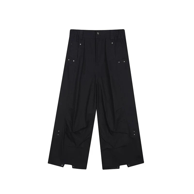 Men Pants Darkwear Pleats Loose Wide Leg Trousers Trend Solid Color New Autumn Fashion Pocket Male Japanese