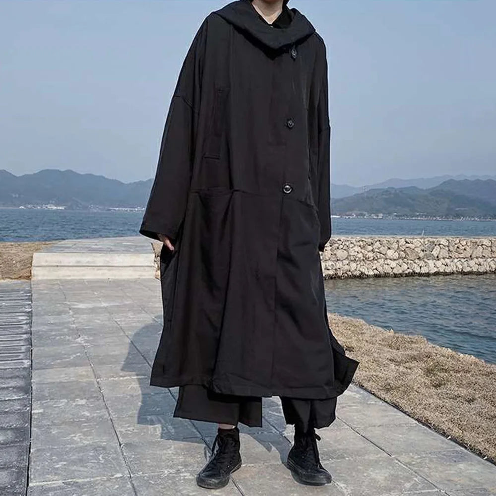 saferido Dark British Style Long Hooded Zipper Windbreaker Streetwear Personality Temperament Versatile Oversized Coat 2024 Autumn Unisex
