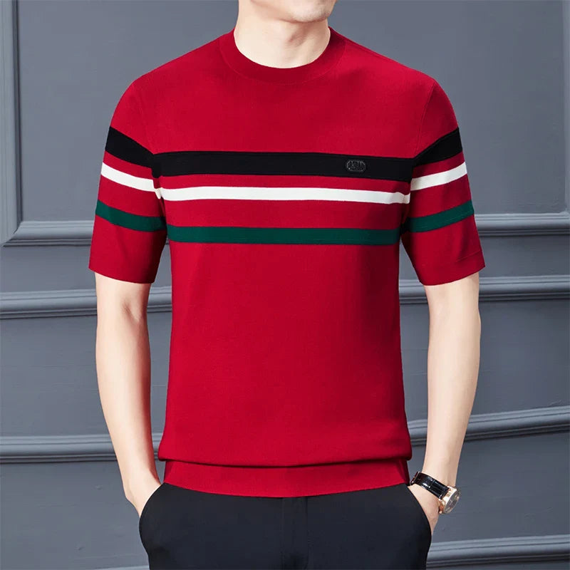 saferido Round Neck Men's Knitwear Spring 2024 Silk Velvet Half Sleeve Thick T-shirt Business Gentleman