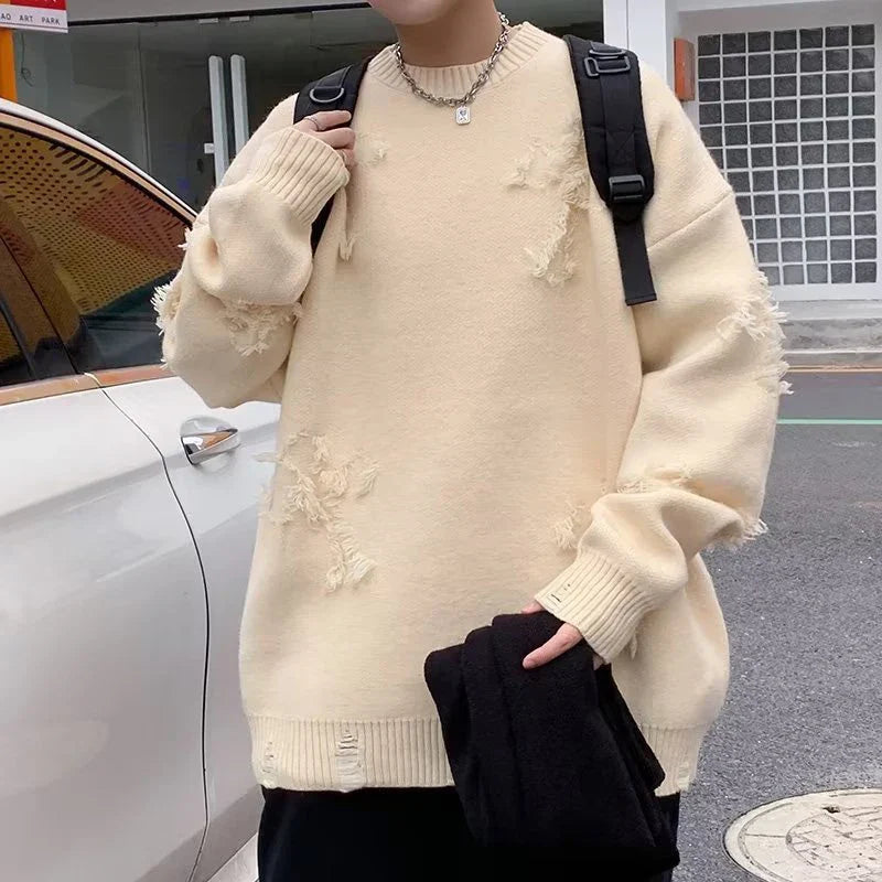 Solid Long Sleeve Hole Knitted Sweater Men Tassels O-neck Hooded Streetwear Man Autumn Winter Fashion New Men's Clothing