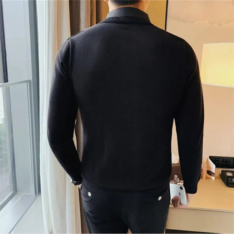 saferido Korean Style Men Keep Warm In Autumn Fake 2 Pieces Shirt Collar Knit Sweaters/Male Slim Fit Stripe Fashion Casual Knit Pullover