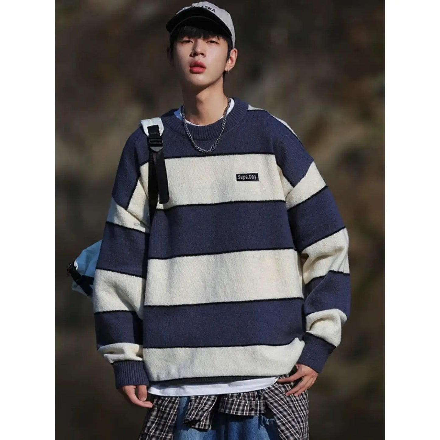 saferido Hip Hop Korean Stripe Contrast Color Autumn and Winter New Fashion Sweater Men's Loose Relaxed Student Round Neck Lazy Style