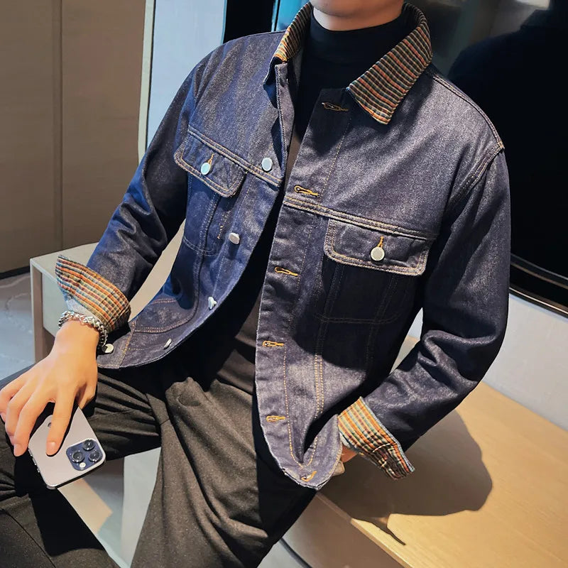saferido Men's Spring High-quality Casual Denim Jackets/Male Fashion Plaid Business Denim Coat/Man Winter Streetwear Men 3XL-M