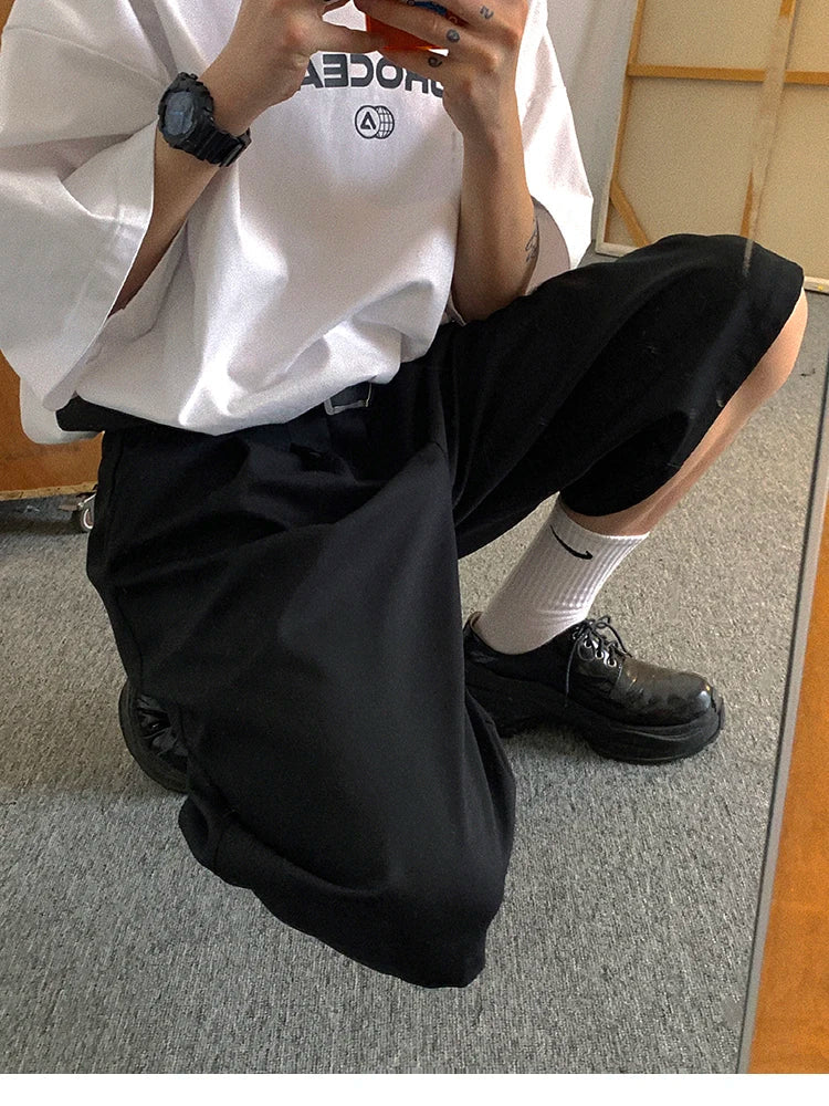 saferido Spring Summer Loose Casual Soft Black Pleated Shorts for Men Mens with High Waist Short Straight Pants Clothes