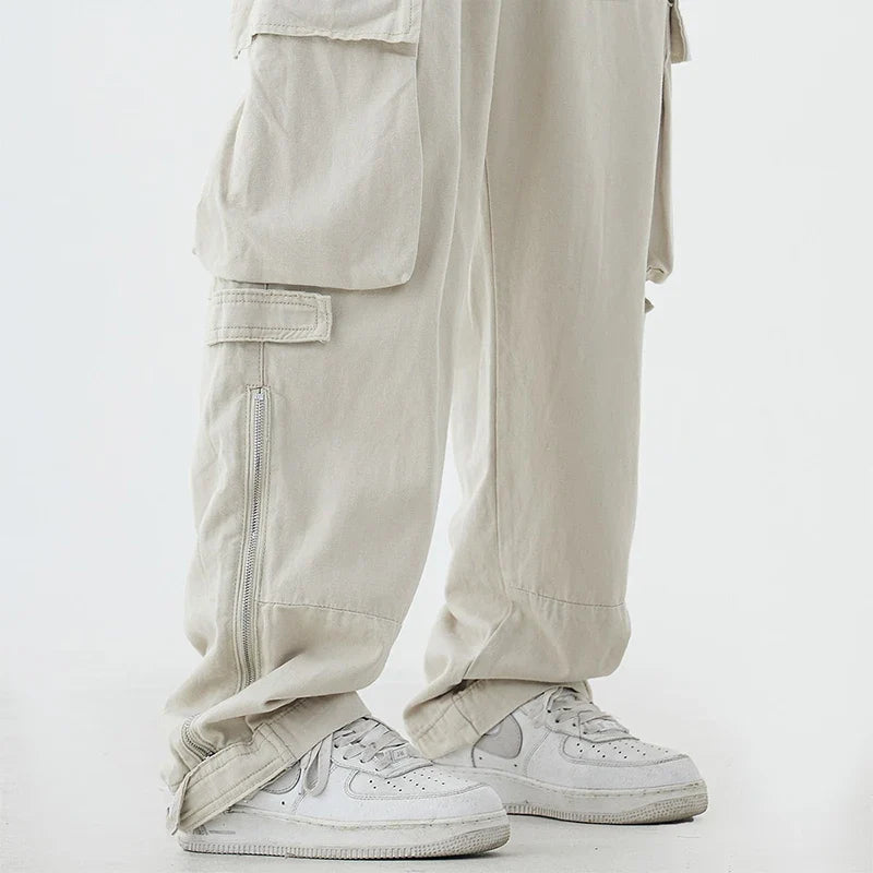 saferido Men Vintage Cargo Pants 2024 Spring Fashion Solid Pocket Simple Casual Loose High Street High Waist Male Straight Leg Trousers