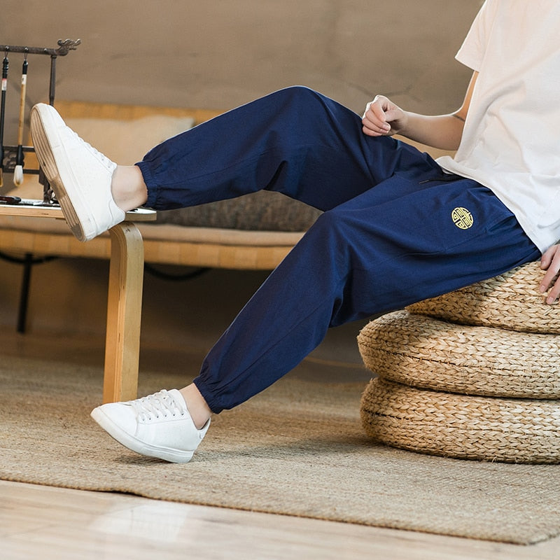 Summer Casual Chinese Style Cotton Linen Ninth Pants Men Fashion Embroidery Loose Harem Pants Men's Street Jogging Pants