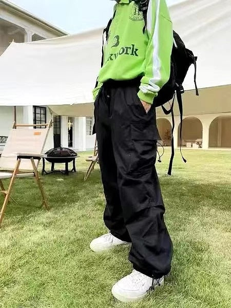China-Chic straight tube multi pocket adjustable drawcord casual loose overalls men women ins style wide leg jogger pants
