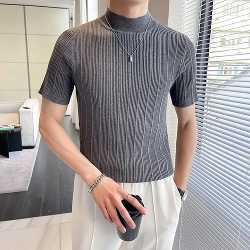 saferido Korean style Tees Men Summer Casual Knit T-shirts/Male slim fit stripe High neck knitting T-shirt 4XL