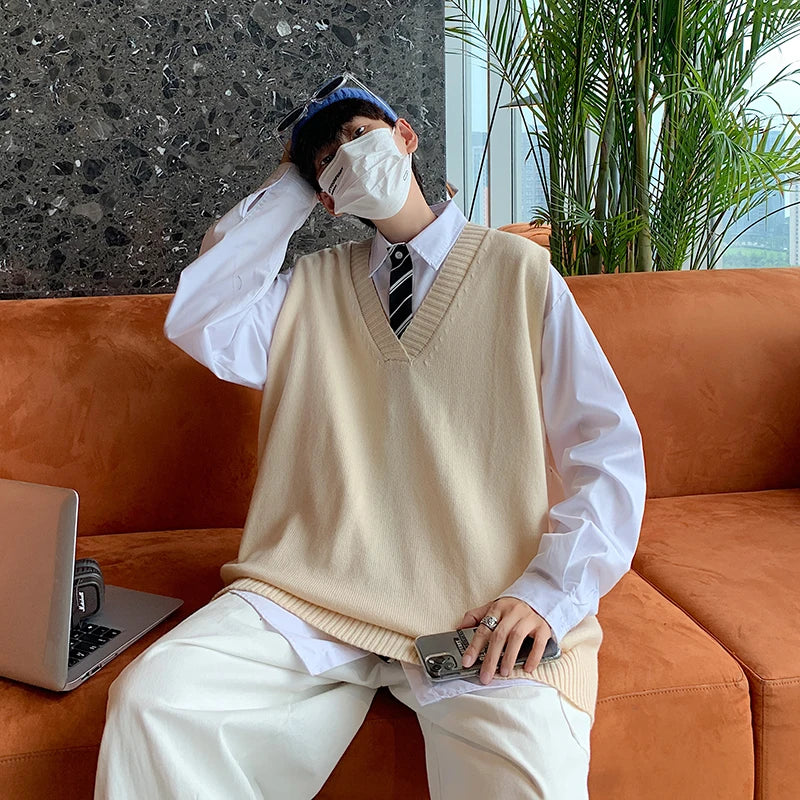 saferido Sweater Vest Men V-neck Solid Leisure Loose All-match Streetwear Sleeveless Sweaters Mens Knitted Korean Style Waistcoat