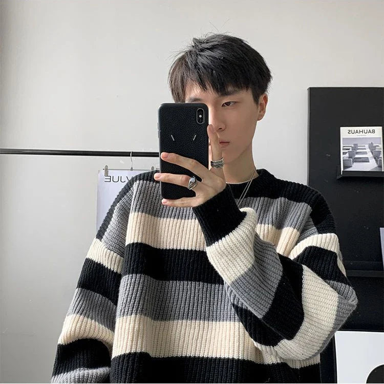 saferido Autumn Winter Sweater Men Pullover Korean Style Male Striped Sweater Loose Knitted Sweater Trend Thick Top Mens Clothing