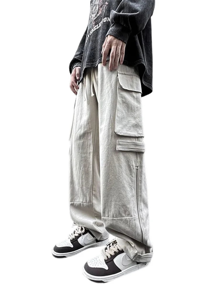 saferido American straight tube workwear pants for men, autumn trendy high street logging wide leg pants ruffled and handsome loose