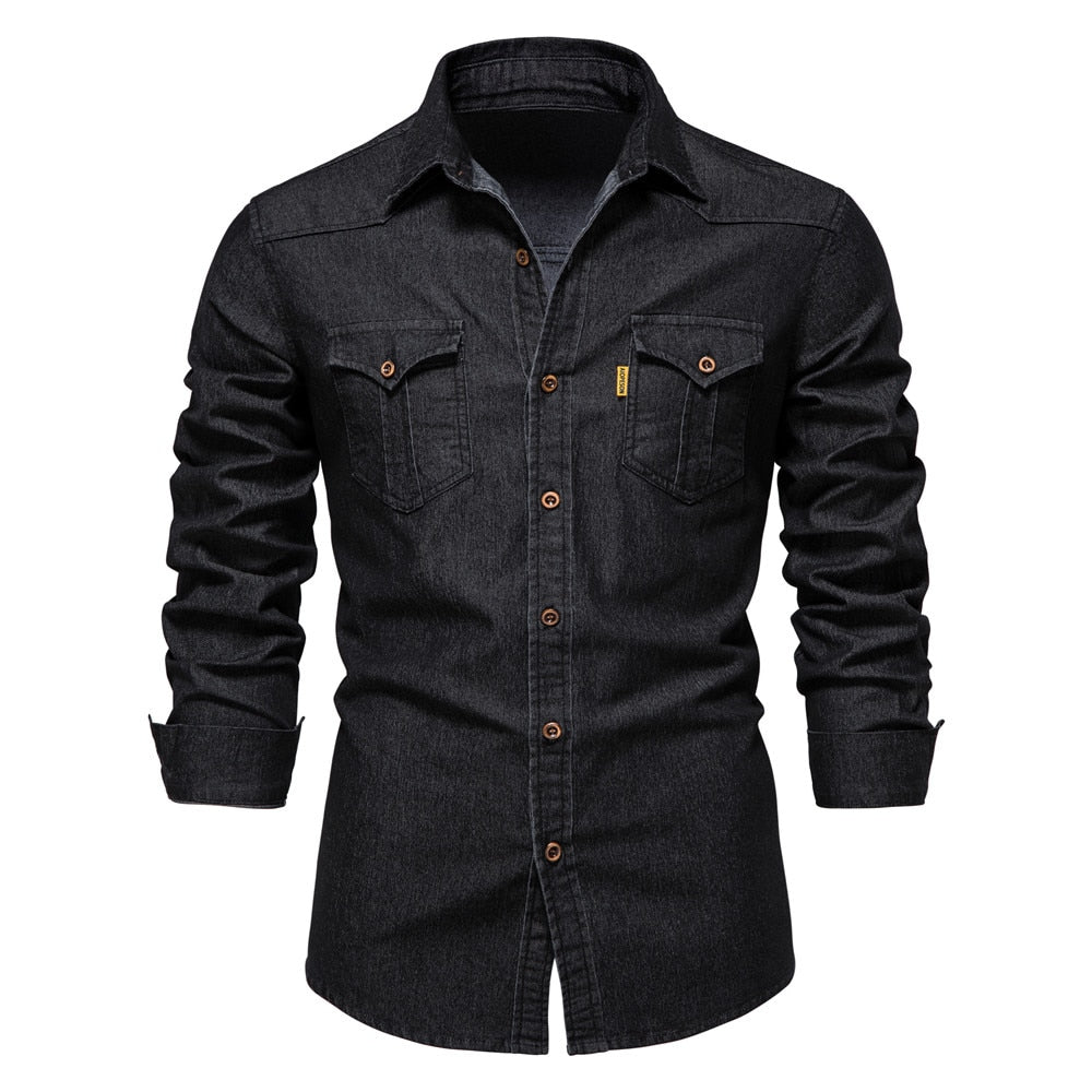 Brand Elastic Cotton Denim Shirt Men Long Sleeve Quality Cowboy Shirts for Men Casual Slim Fit Mens Designer Clothing