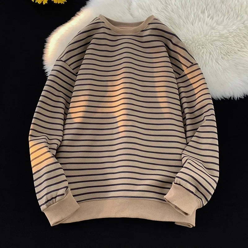 saferido Men's Tri-color Striped Sweatshirt American Classic Style Retro Casual Round Neck Top Unisex College Style Trendy Menswear