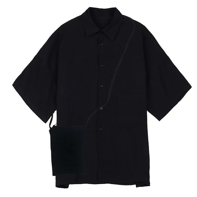 saferido Black Oversized Short Sleeve Shirt Men's Korean Style Drop Shoulder Shirt Harajuku Loose Single Breasted Shirt