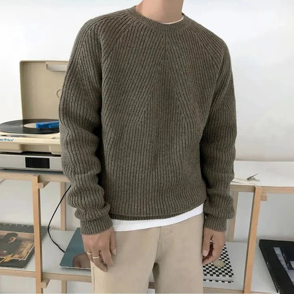 saferido Mens Autumn Winter Korean Style Loose Round Neck Knitted Sweater Gender-Neutral Trendy Casual Solid Color Simple Sweater Unisex