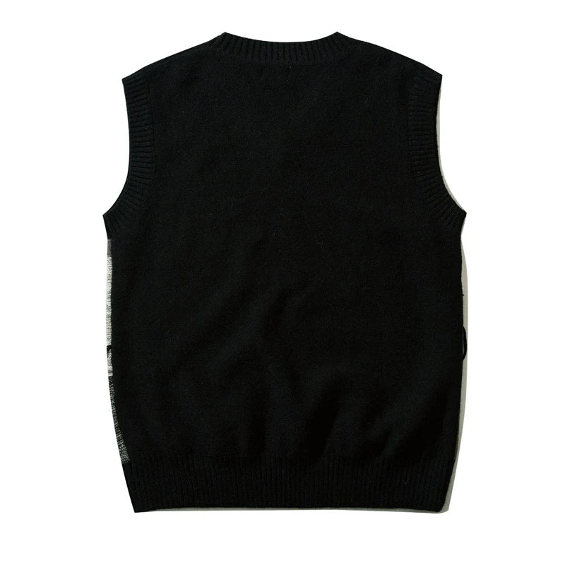 saferido Japanese Retro Knitted Vest Men V-neck Color Matching Wool Sleeveless Sweaters Causal Loosed Preppy Couple Knitwear Autumn New