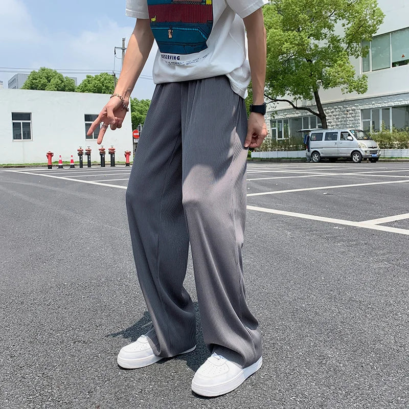 saferido Summer Pleated Pants Men Oversized Gray Black Casual Trousers Men Japanese Streetwear Loose Wide Leg Pants Mens Ice Silk Pants