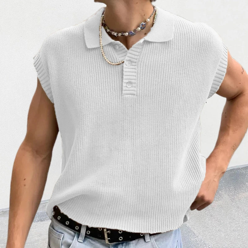 Solid Knitting Tops Men Sleeveless Buttoned Turn-down Collar Knit Vest Shirts Spring Summer Men's Clothing Fashion