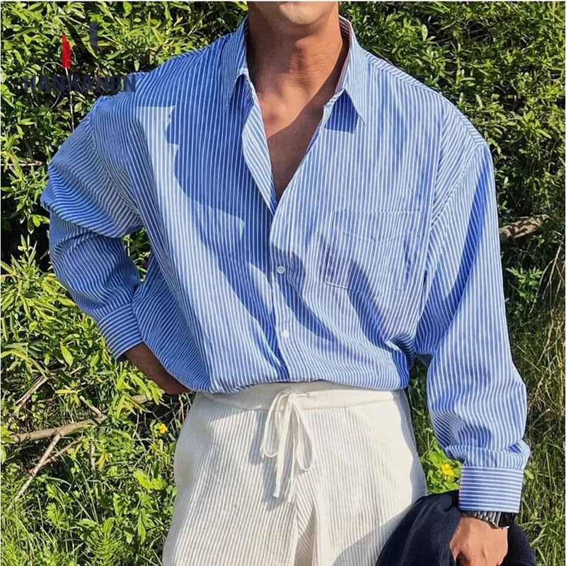 Unisex Oversized Striped Shirt Coat Men's Long Sleeve Casual Loose Fit Fashion Japanese Korean Style Sun Protection Clothing