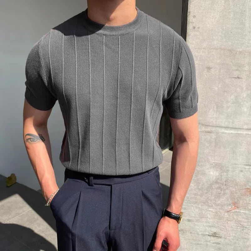 Summer Men Knit Ice silk T shirts High Quality Solid Color Stripe Short sleeve O-neck Tee Tops Mens Thin Slim Fit T-Shirts