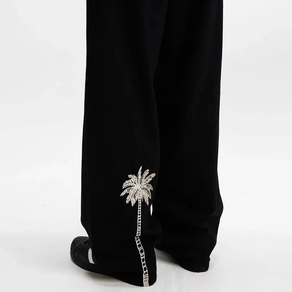 saferido Men's Autumn American Loose High-Waisted Straight-Leg Coconut Tree Embroidered Jeans Retro Simple Casual Comfort Wide-Leg Pants