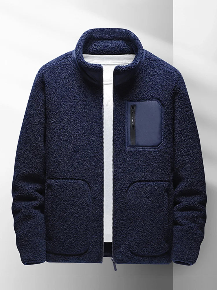 saferido New Men's Winter Jacket Korean Fashion Stand Collar Zip Pockets Thicken Fleece Lined Warm Coat