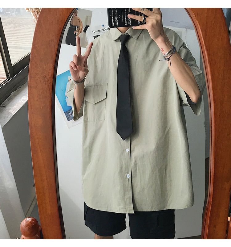 saferido Summer New Fashion Loose Solid Shirts Men's Casual Short Sleeve Shirts Turn-down Collar Clothing Blouses Tops Q02