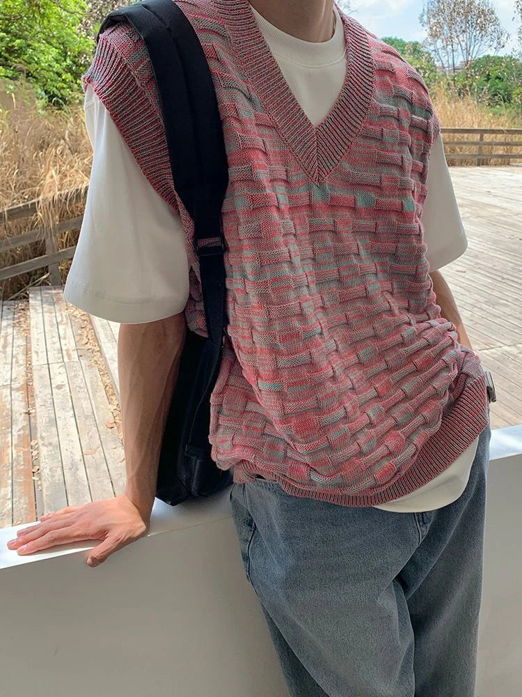 saferido Man Clothes Waistcoat Vest Knitted Sweaters for Men Sleeveless V Neck Pink Japanese Harajuku Fashion Korean Autumn Wool Fun