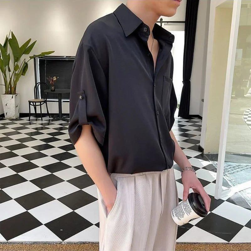 saferido Simple Korean Short Sleeved Men Summer Solid White Shirt Lapel Button Pocket Harajuku Fashion Trendy Loose Casual Thin Male Top