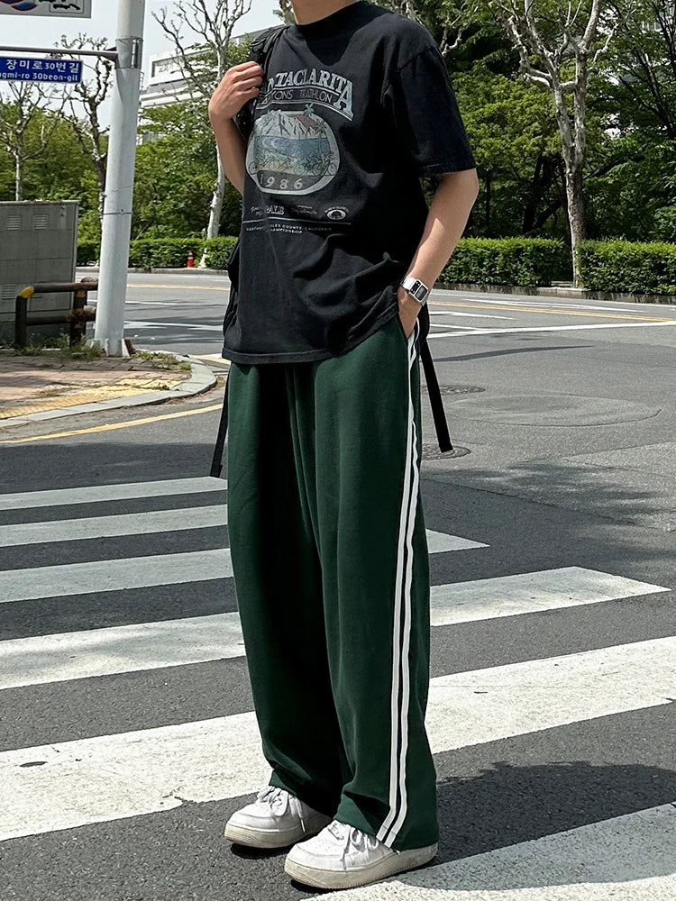 saferido 2024 Summer Men's Contract Color Striped Sweatpants New Korean Style Elastic Waist Wide Leg Pants Fashion Male Trousers