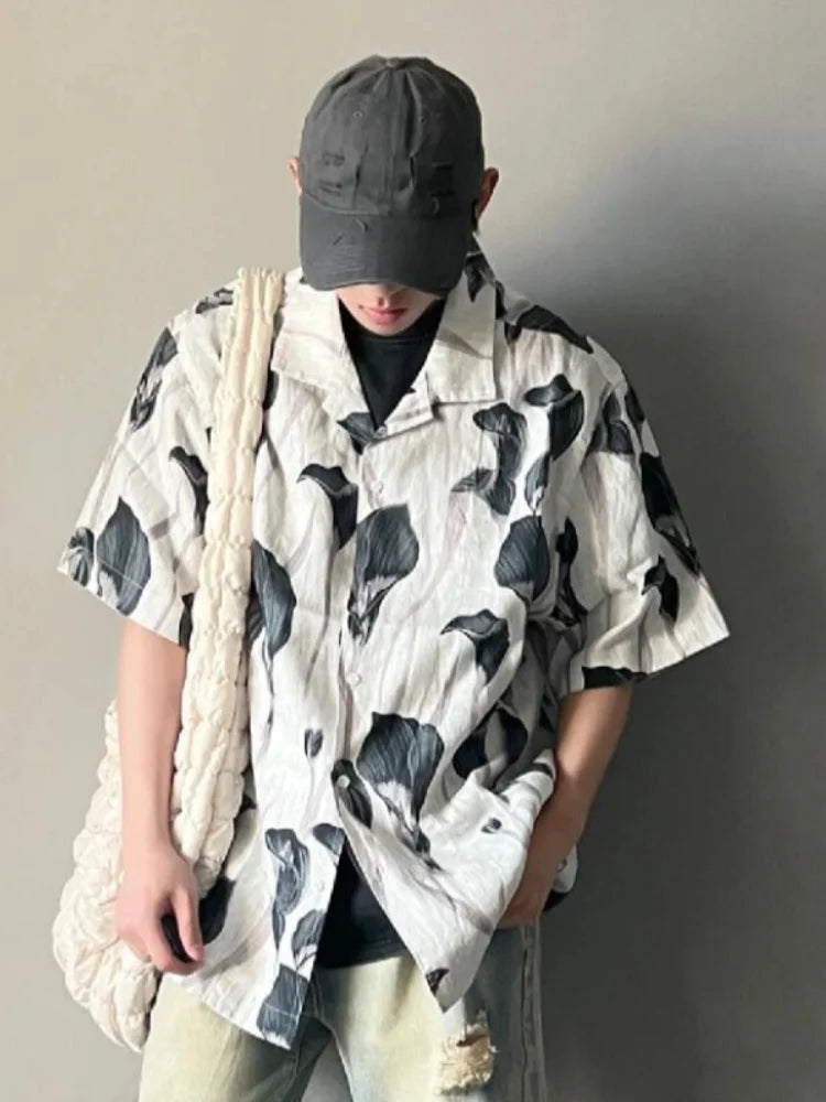 saferido Men's Shirts Y2k Print Vintage Handsome Korean Beach Style Hawaiian Single Breasted Vocation Baggy All-match Summer Short Sleeve