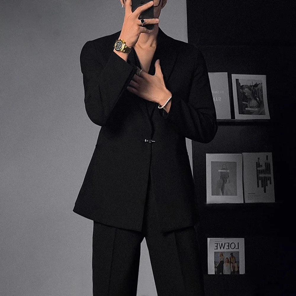 saferido Mens autumn British style retro metal buckle suit suit elegant slim, business temperament light luxury casual suit and trousers