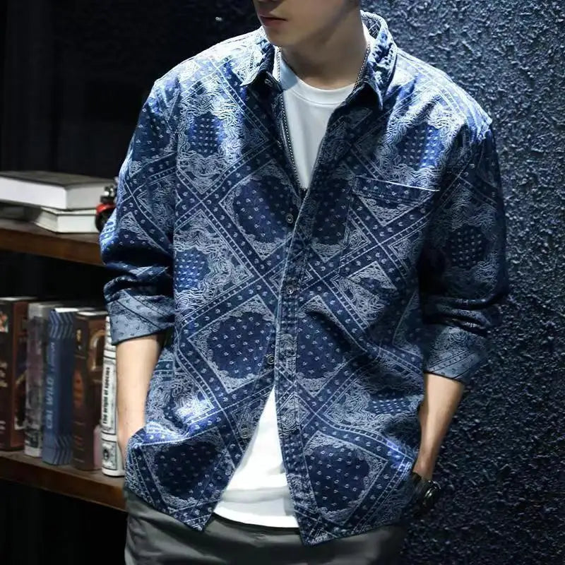 saferido Spring Autumn New Vintage Printing Turn-down Collar Long Sleeve Shirt Man Cotton Loose All-match Single Breasted Cardigan