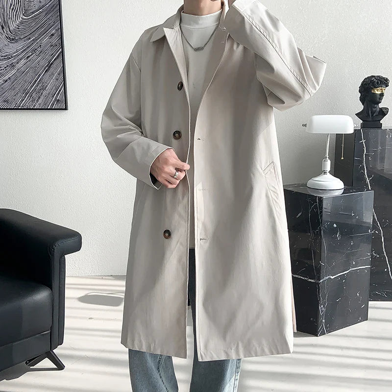 Men's Trench Coat Fashion long Windbreaker Men Solid Color Single Breasted Loose Casual Trench Man Streetwear Plus Size M-5XL