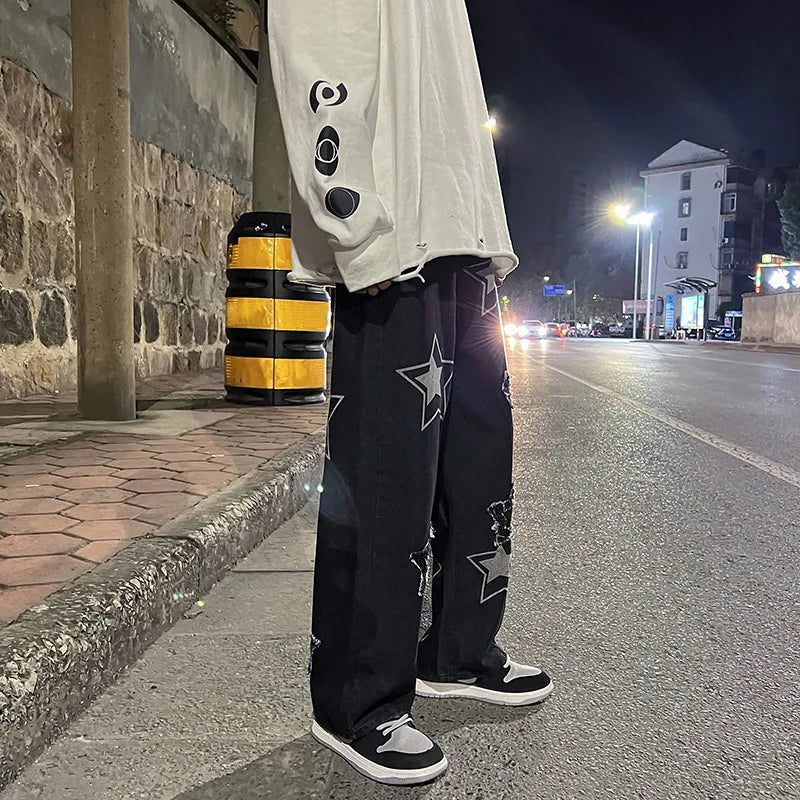 saferido Men Jeans Stars 2024 New Spring Vintage Y2K Simple Casual Loose Fashion Straight Wide Leg Oversize Pants Male Hip Hop Trousers