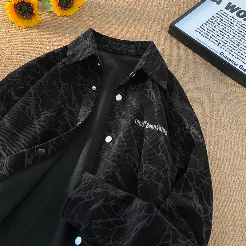 saferido Trendy Corduroy Long-sleeved Shirt Men's Casual Shirt Embroidery Design Retro Shirt 2024 Spring Fashion Printed Buttons Cardigan