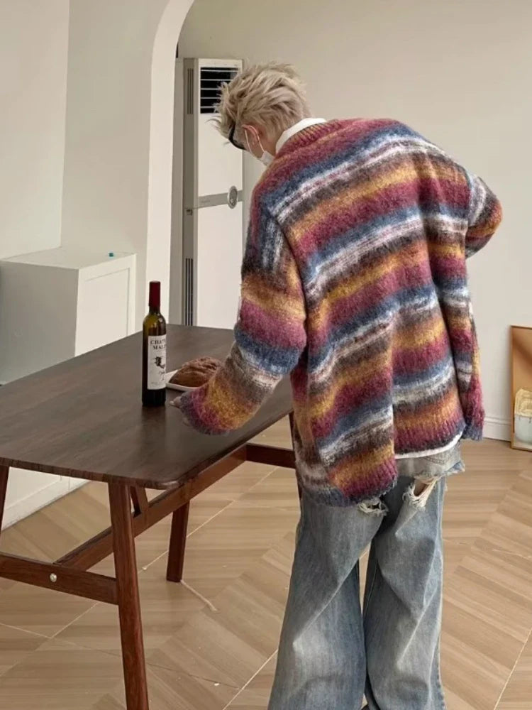 saferido Striped Knitted Sweater Coat Men Japanese Y2K Oversize Casual Autumn Winter Loose V-Neck Cardigan for Men Rainbow Color