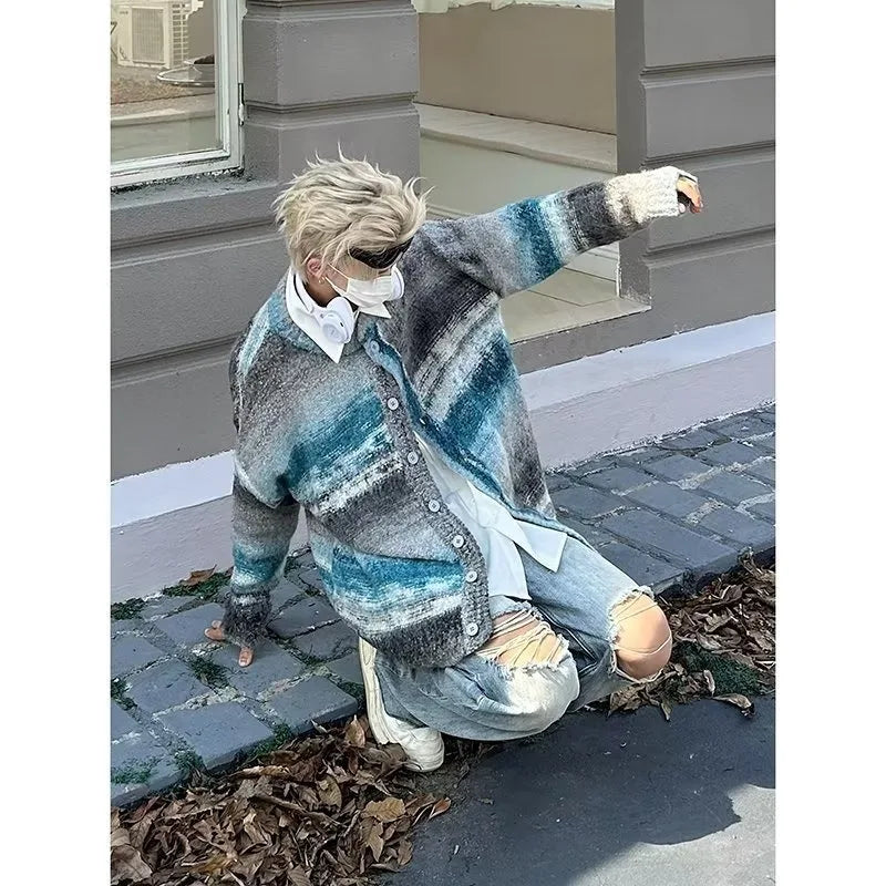 saferido Striped Knitted Sweater Coat Men Japanese Y2K Oversize Casual Autumn Winter Loose V-Neck Cardigan for Men Rainbow Color