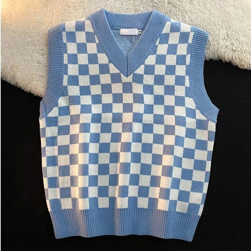 saferido Black White Checkerboard Plaid Print Vest Sweater Autumn Winter V Neck Men Preppy Style Harajuku Fashion Casual Oversize Knitted