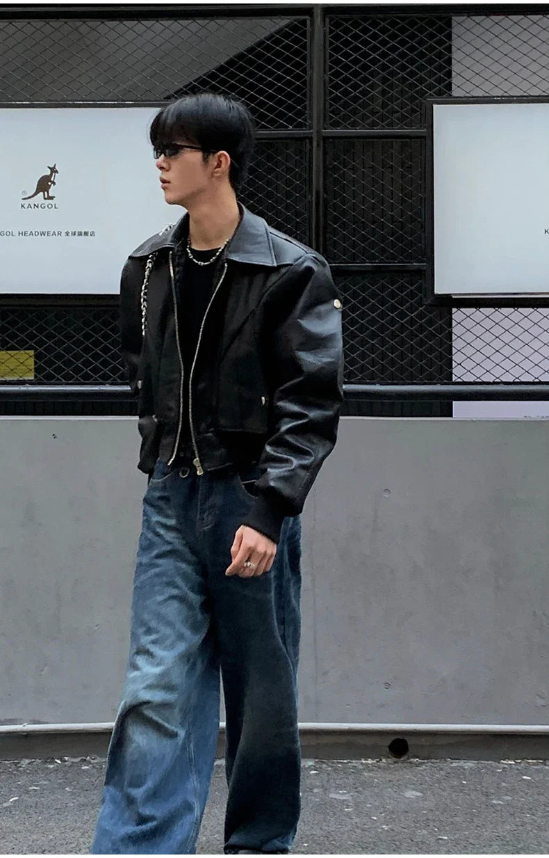 saferido Spring Autumn Cool Waterproof Black Pu Leather Jacket Men Shoulder Pads Long Sleeve Zipper Luxury Designer Clothes