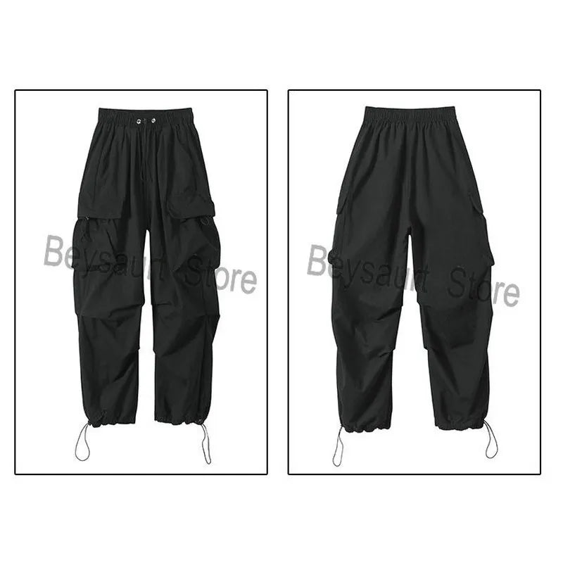 saferido Streetwear Spring Harem Casual Pants Men Elastic Waist Solid Color Cargo Pants Multi Pocket Loose Baggy Pants For Women