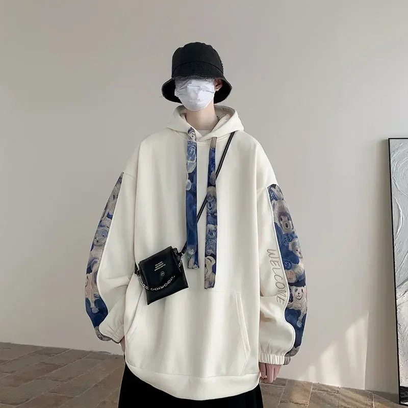 saferido Korean Style Streetwear Men Hooded Sweatshirt Trendy Side Embroidery Design Loose Hoodie Casual Drawstring Hoodies