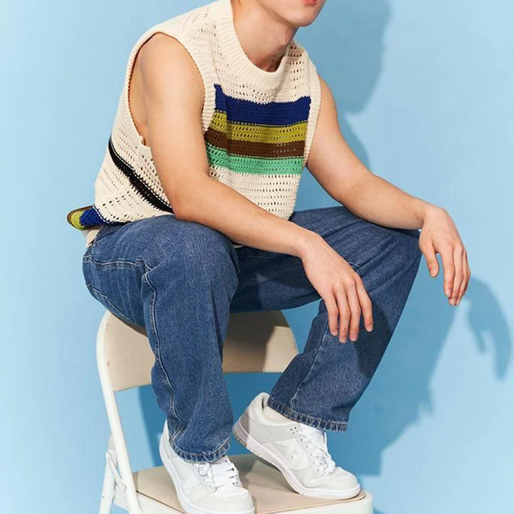 saferido Spring New Hollow Stripe Knitwear Sweater Vest 2024 Contrast Color O Neck Casual Tank Tops Korean Fashion Male Sleeveless Tees