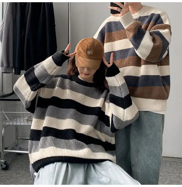 saferido Autumn Winter Sweater Men Pullover Korean Style Male Striped Sweater Loose Knitted Sweater Trend Thick Top Mens Clothing