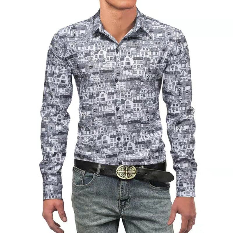 Fashion Print Luxury Long Sleeve Shirt Man Button Up For Men Clothing Business Casual Social Dress Slim Shirts Male Blouse