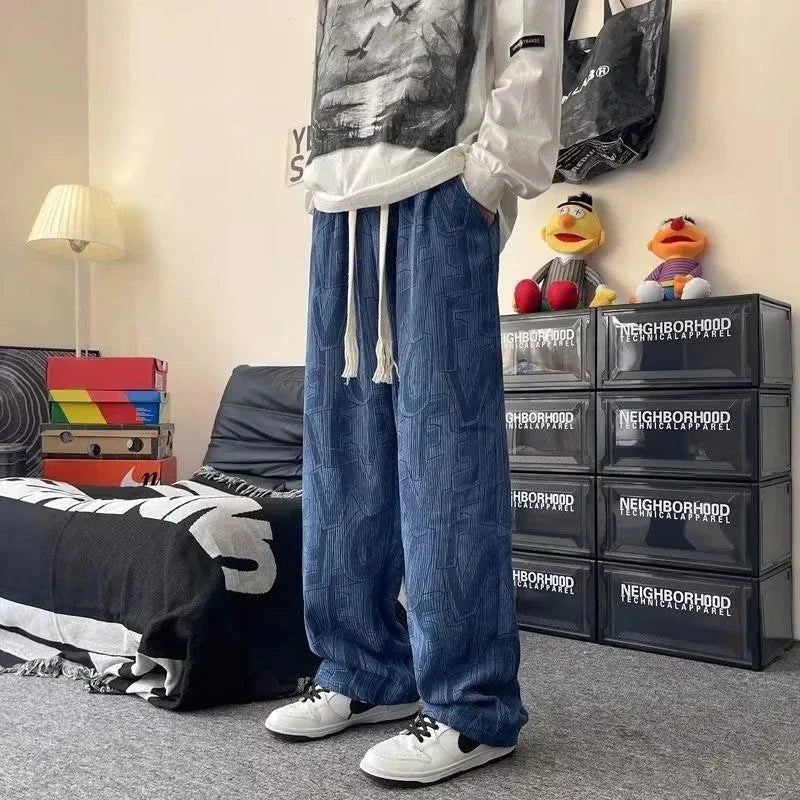 saferido American Casual Pants Men High Street Corduroy Letter Printed Loose Wide Leg Solid Color Spring and Autumn Sports Pants Male
