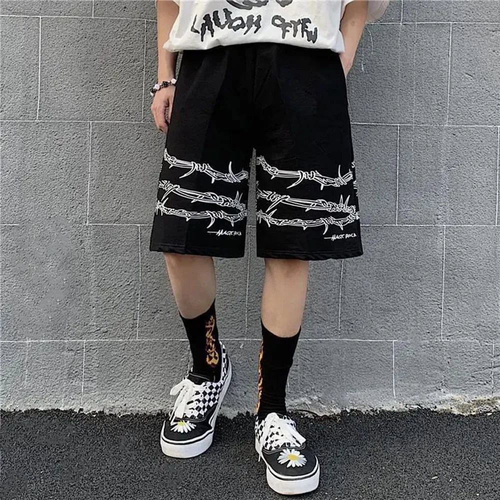saferido Mens Casual Shorts Summer Hip-Hop Street Harajuku Style Personalized Print Simple Sports Shorts Boys Loose Straight Pants