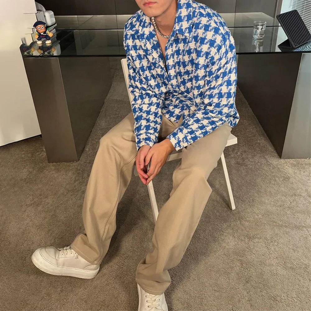 saferido Spring New Simple Versatile Fashionable Blue Houndstooth Woolen Shirt Style Genderless Casual Unisex Long-Sleeved Shirt