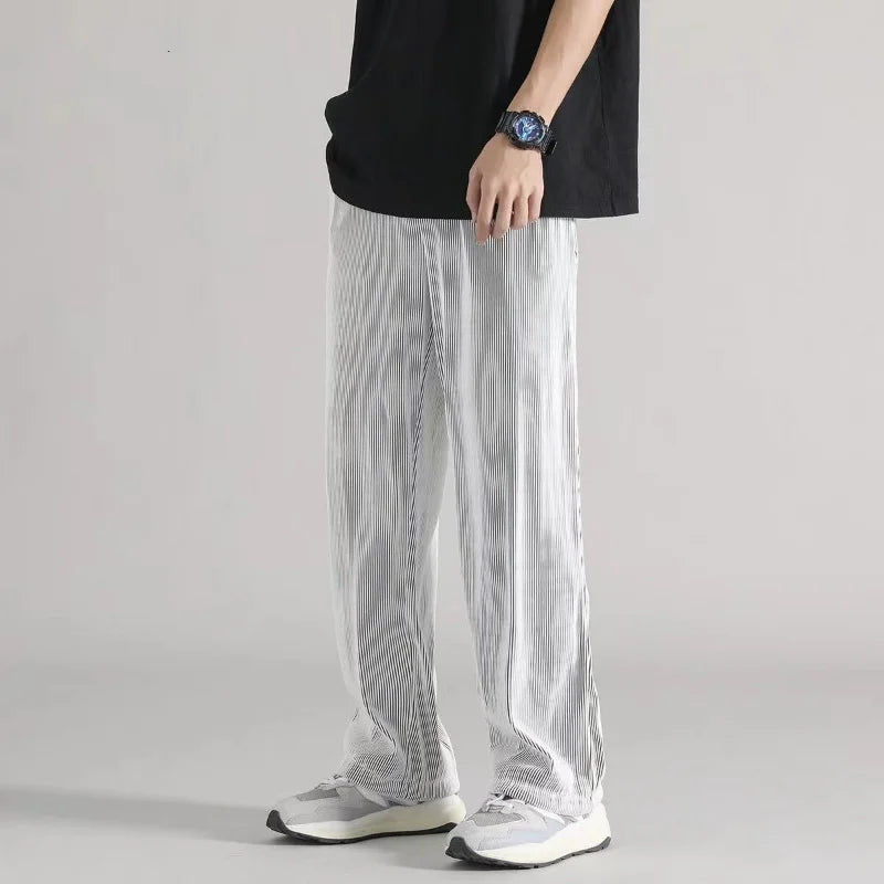 saferido Summer Thin Ice Silk Straight Loose Casual Pants Men Solid Korean Elastic Waist Drawstring Patchwork Pocket Wide Leg Trousers
